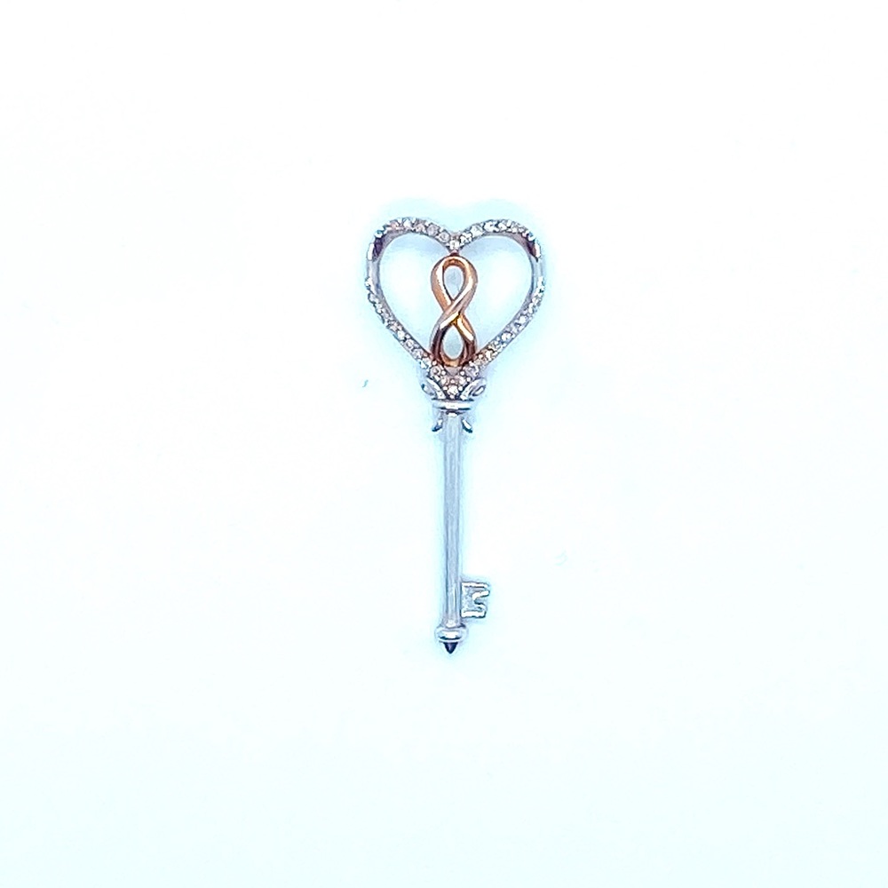 10kt White Gold and Diamond Key Pendant with Rose Gold  Infinity Accent